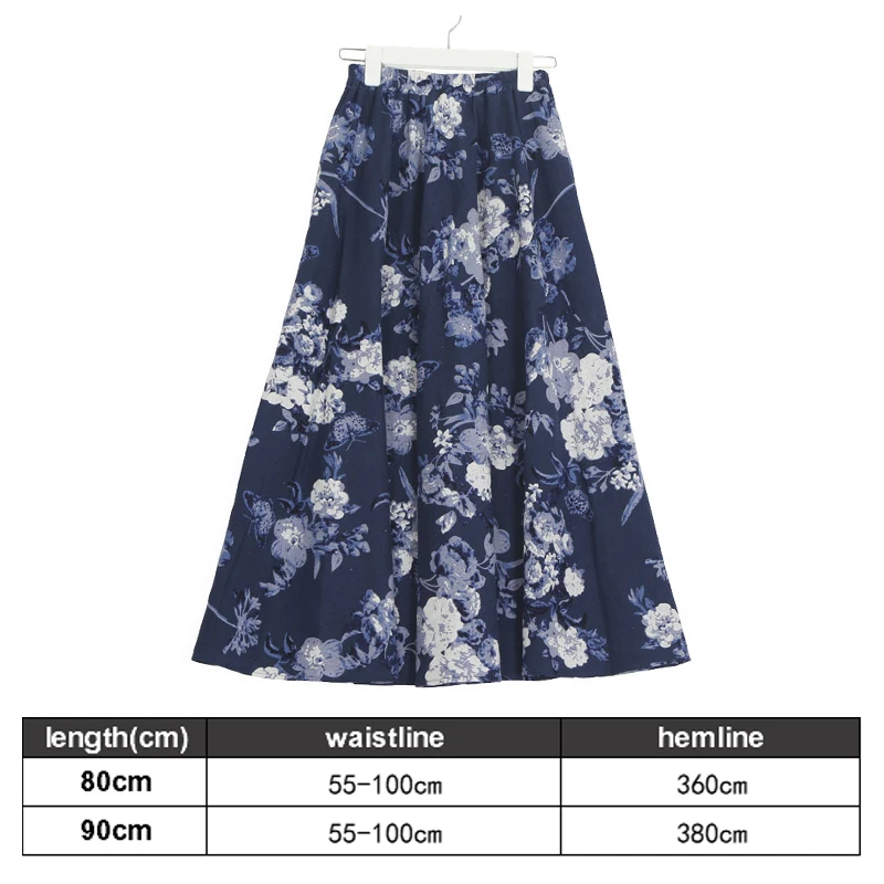 Cotton Linen Floral Print A-line Skirt Retro Elegant Bohemian Beach Skirt High Elastic Waist Maxi Skirt Travel Holiday Sun Skirt