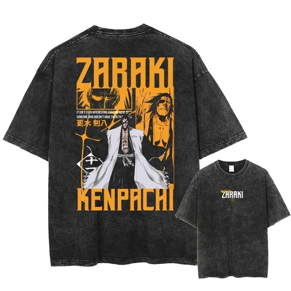 2026 Bleach Zaraki Kenpachi Doppelseitiges Anime-Grafik Vintage Washed T-Shirt Oversized Y2K Baumwoll-T-Shirt für Anime-Enthusiasten