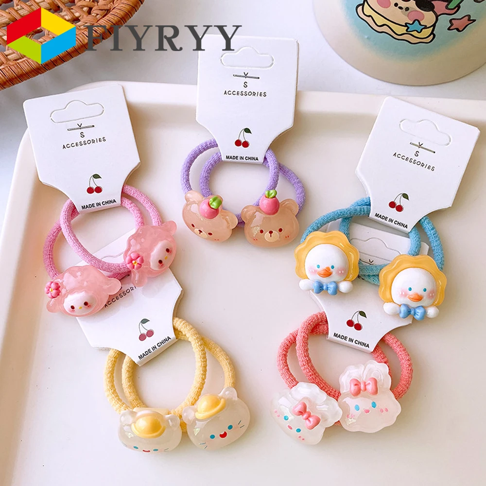 2PCS Kids Cartoon Rabbit Bear Sheep Duck Cat Hair Ties Rubber Bands Cute Hair Bow Tie Rope for Scrunchie Girls Hair Accessories