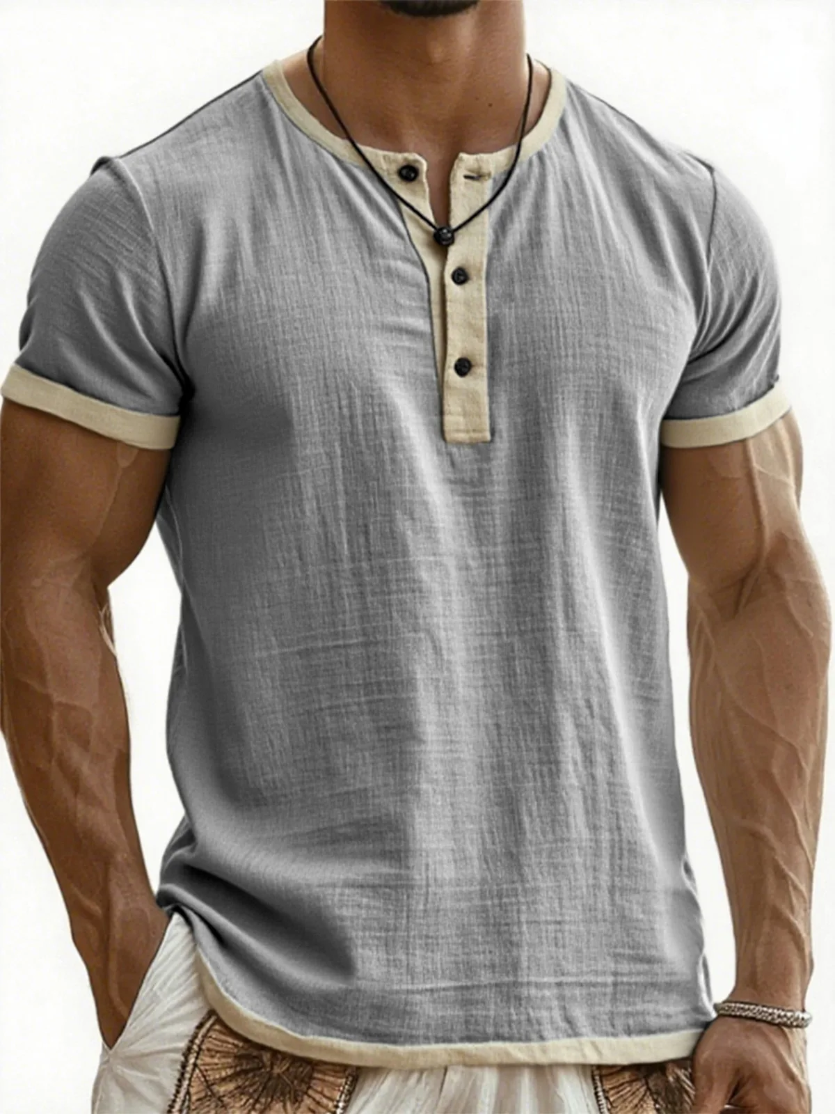 Summer New Men's Cotton Linen Shirt Casual Contrast Trim Short Sleeve Top Breathable Comfort Slim Fit Sports Casual Shirt