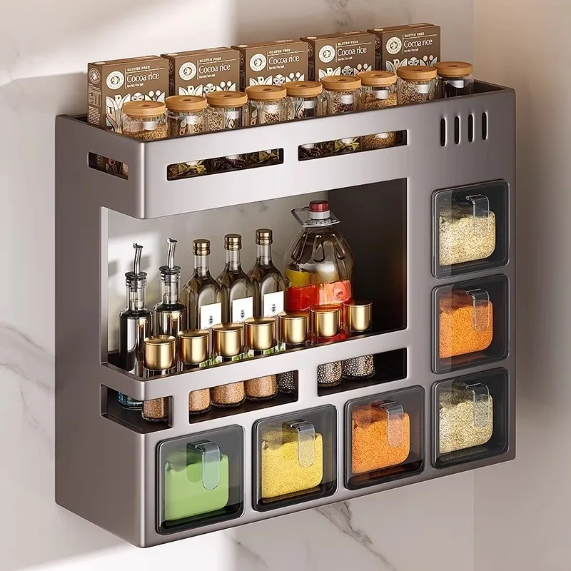 No punching kitchen seasoning rack multi-functionalwall-mounted household oil, salt, sauce and vinegar storage box seasoning jar