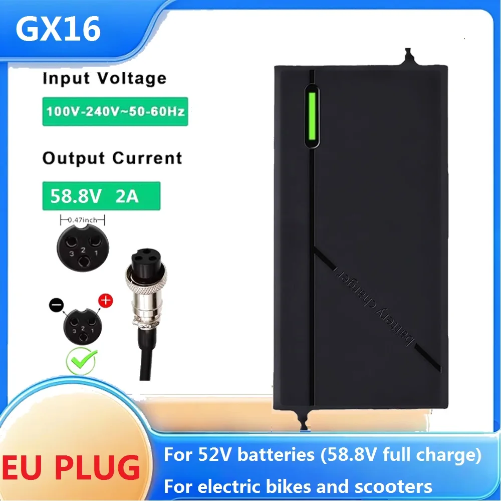 58.8V 2A EBike Lithium Battery Smart Charger AC100-240V With Fan For 14S 52V E-Tool Scooter Li-ion Cell Pack Fast Charging
