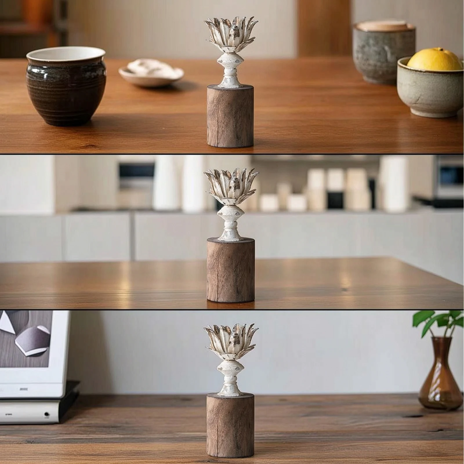Lotus Candle Holder Tabletop Candle Holder with Wood Base Table Accent Vintage Decor Farmhouse for Mantel view 6