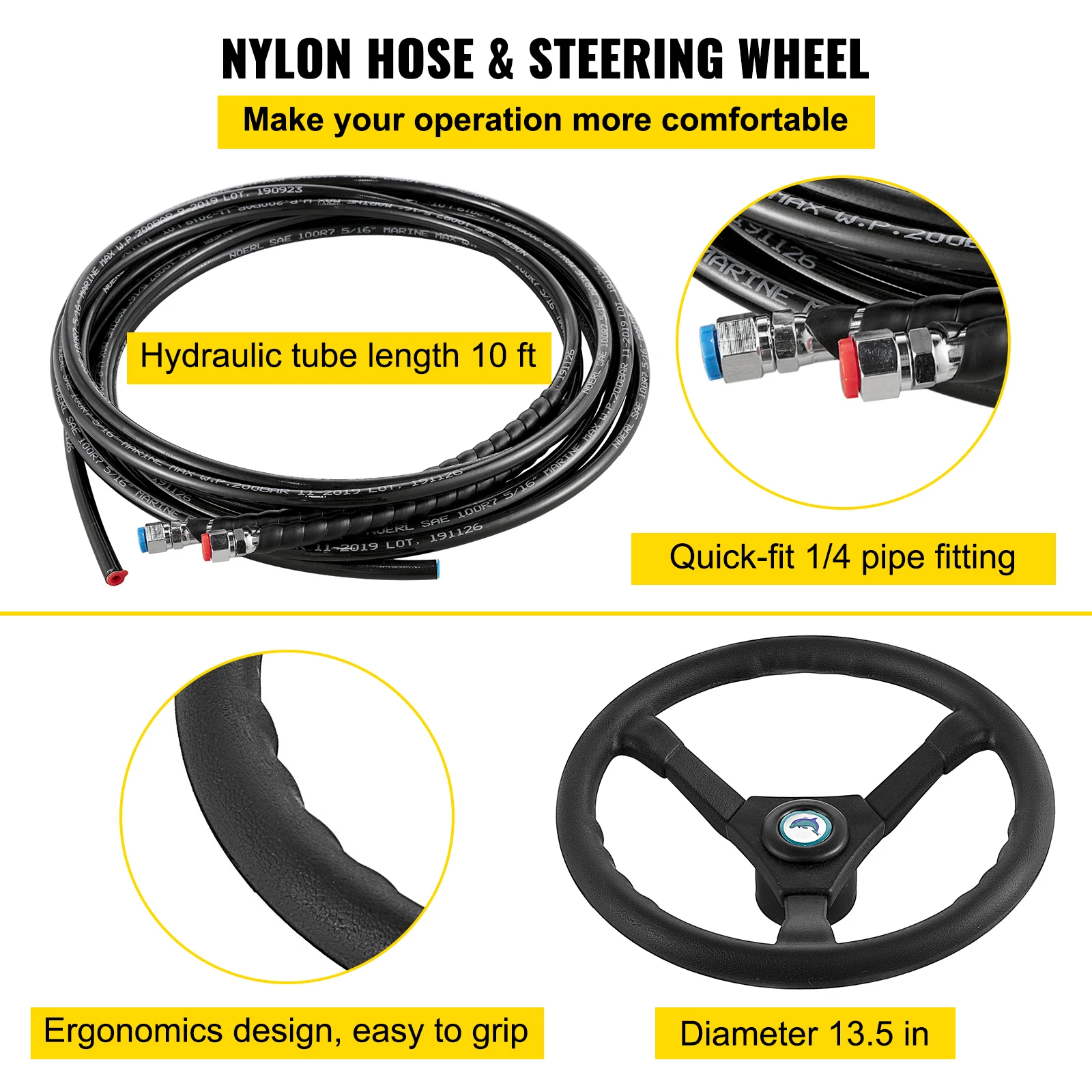 VEVOR 300HP Hydraulic Outboard Steering Kit With Helm Pump Cylinder Wheel 10-24FT Hose HK6400A-3 HO5124 Marine Boat Accessories