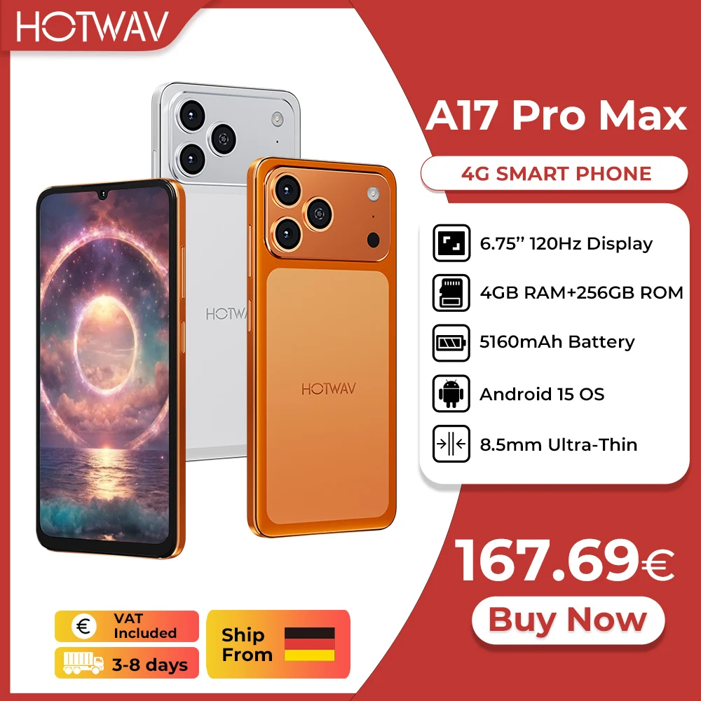 [Versand aus Deutschland] HOTWAV A17 Pro Max Ultra-Dünnes Smartphone 6,75'' 120Hz Mobiltelefon 4GB 256GB Android 15 5160mAh Handy