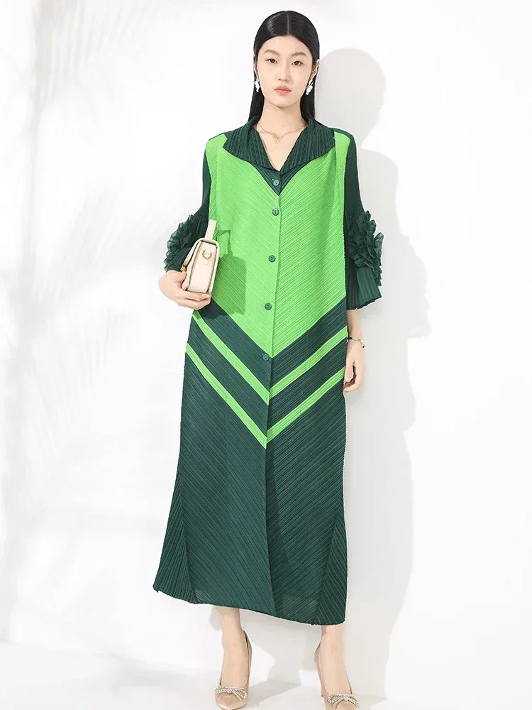 ANLAN カラーブロックラップル花バックル七分袖プリーツカーディガンドレス女性の 2025 新しいシックなシングルブレスト服