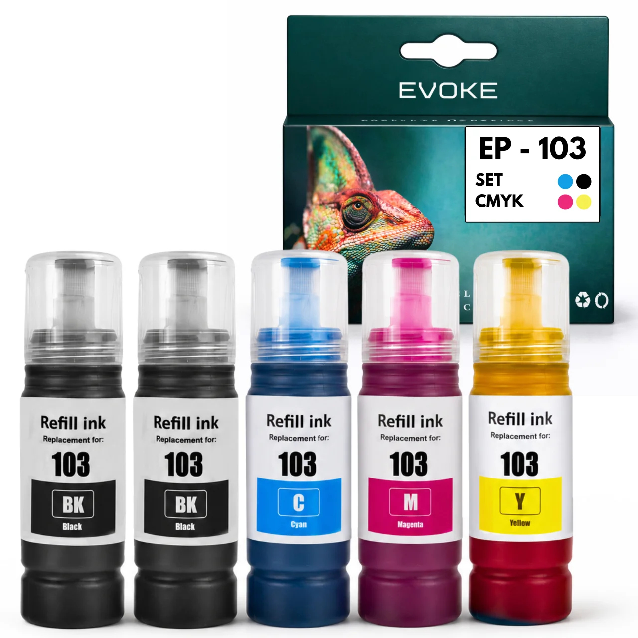 Evoke Compatibele Inkt voor Epson 103 Set van 5 Flessen: 2x Zwart+Cyaan+Magenta+Geel 350 ml 31500 Pagina's Ecotank L1100 1200 1210 1250 3100 3110 3111 3116 3150 3151 3156 3160 3200 3210 3211 3250 3251