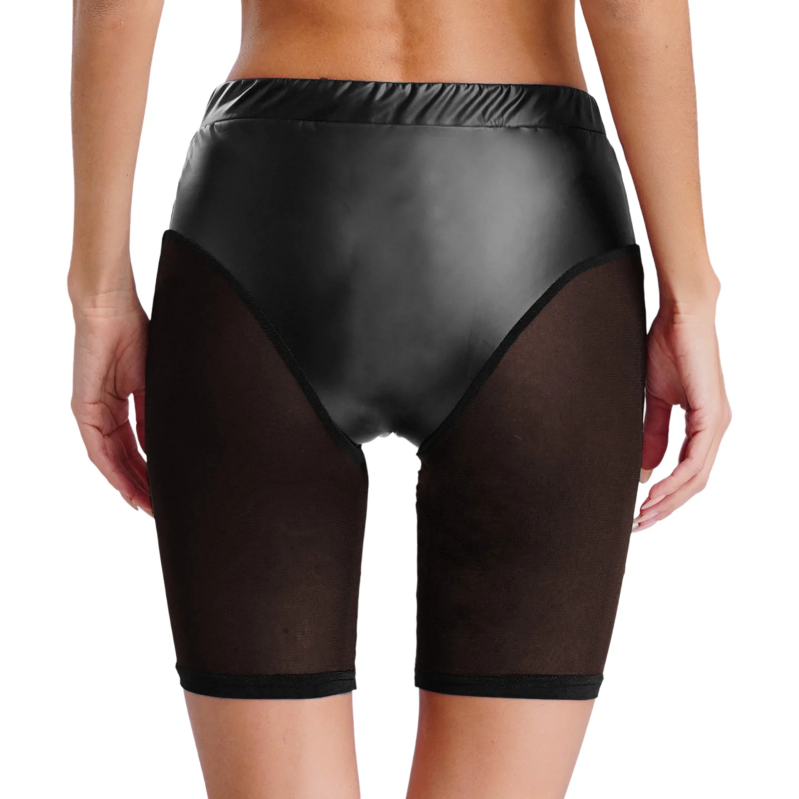 Damen-Shorts mit Mesh-Nähten, formendem Po-Lifter, dünne Kontrolle, Kompressionsshorts aus Kunstleder und gespleißtem Mesh mit hoher Taille