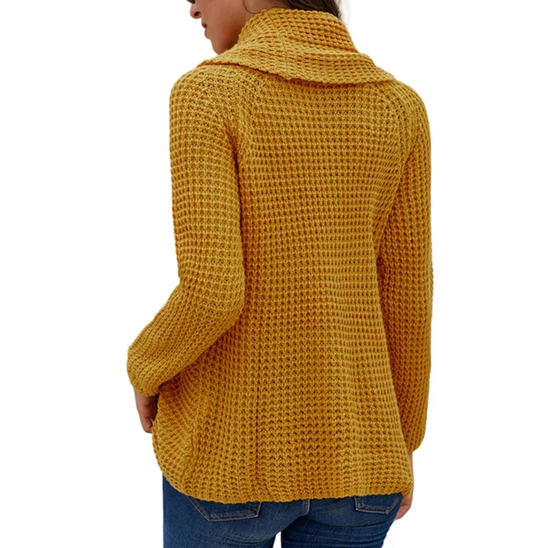 Autumn and Winter Yellow Sweater Pullover Button High Turnover Collar Pullover Solid Color Women\'s Sweater Long Sleeve Knitwear