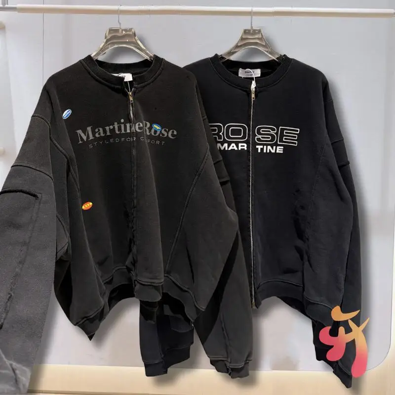 

Retro Washed Black Letter Slogan Martine Rose Jacket Cotton Sticker Print Splicing Loose Zipper Sweatshirts Men Women Streetwear