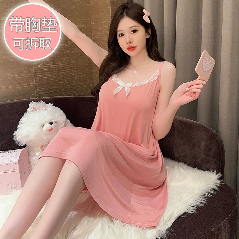 2024 Summer Plus Size Sexy Lace Lingerie Spaghetti Strap Modal Nightgowns for Women Sleepwear Nightdress Night Dress Home Nighty