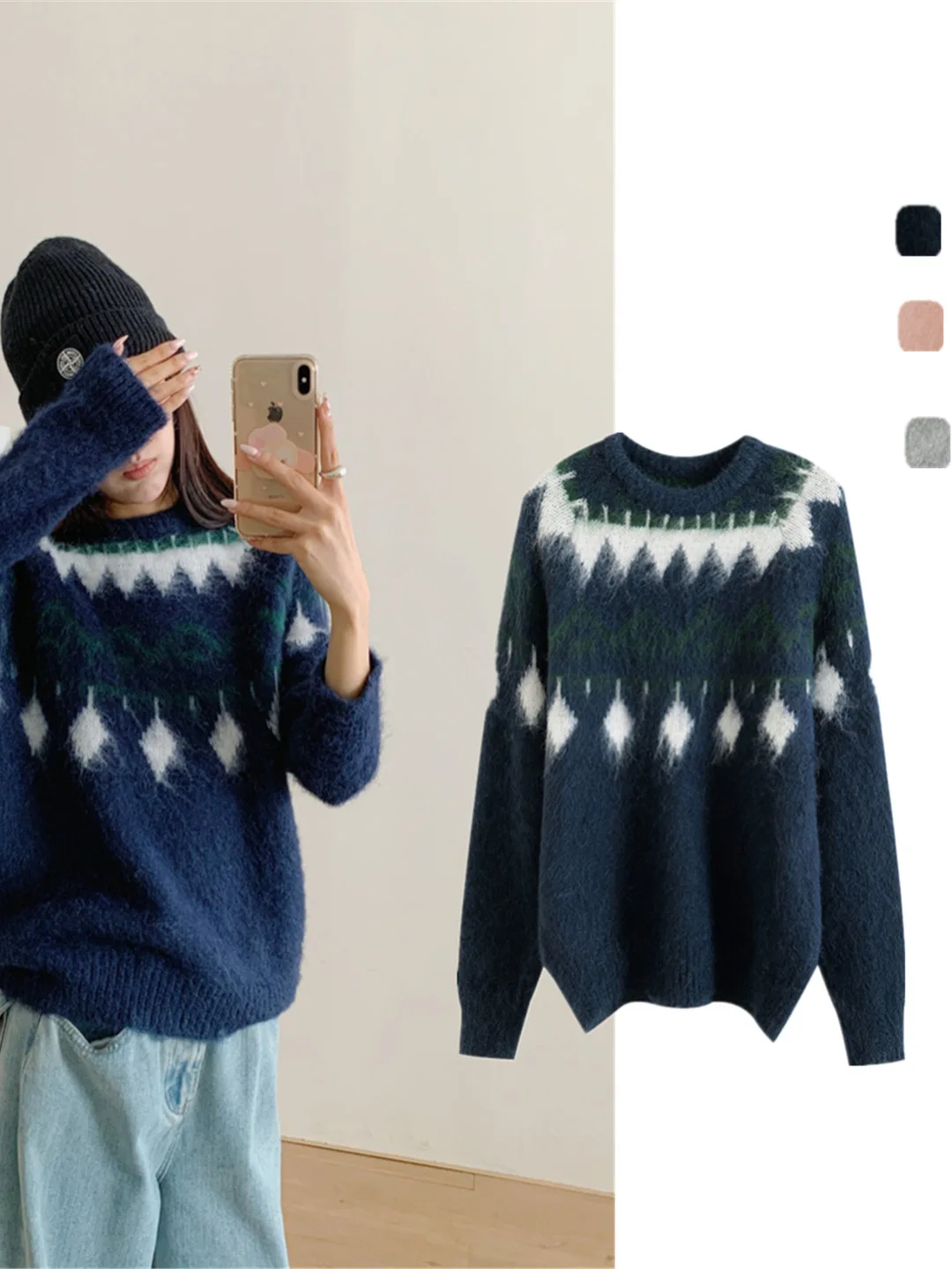 

Laid-ba Korean Sle Alpaca Fair Isle Color Blo Knitwear Vintage Turtlene Sweater Soft Warm Versatile Base Layer Top