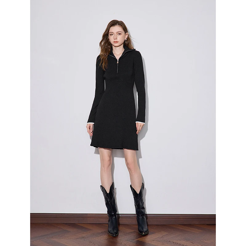 TOYOUTH Women Knitted Dress 2024 Autumn New Zipper Collar Long Sleeve A Line Slim Waist Black Mini Dress