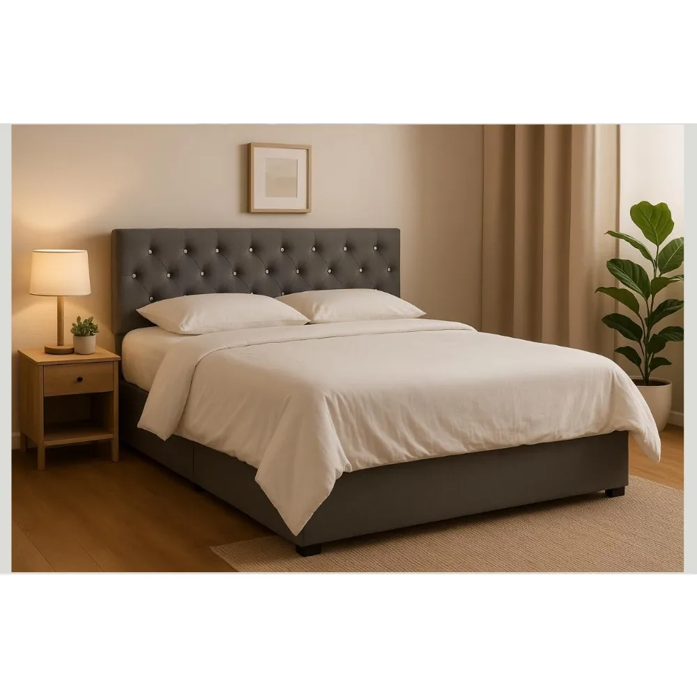 سرير بنانا كينج بإطار سرير مع لوح رأسي من الكريستال المنجد من القماش و4 أدراج للتخزين، ودعم شرائح معدنية، بالكامل