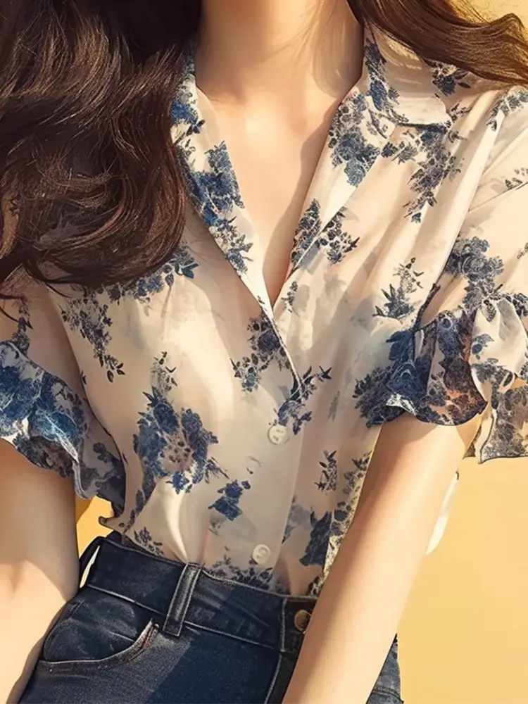 French Top Temperament Ruffled Floral Short-sleeved Shirt Summer Fashion Versatile Elegant Cardigan
