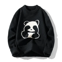 Panda printed sweater men's 2024autumn and winter new fashion versatile couple clothing loose elastic warm long sleeved pullover