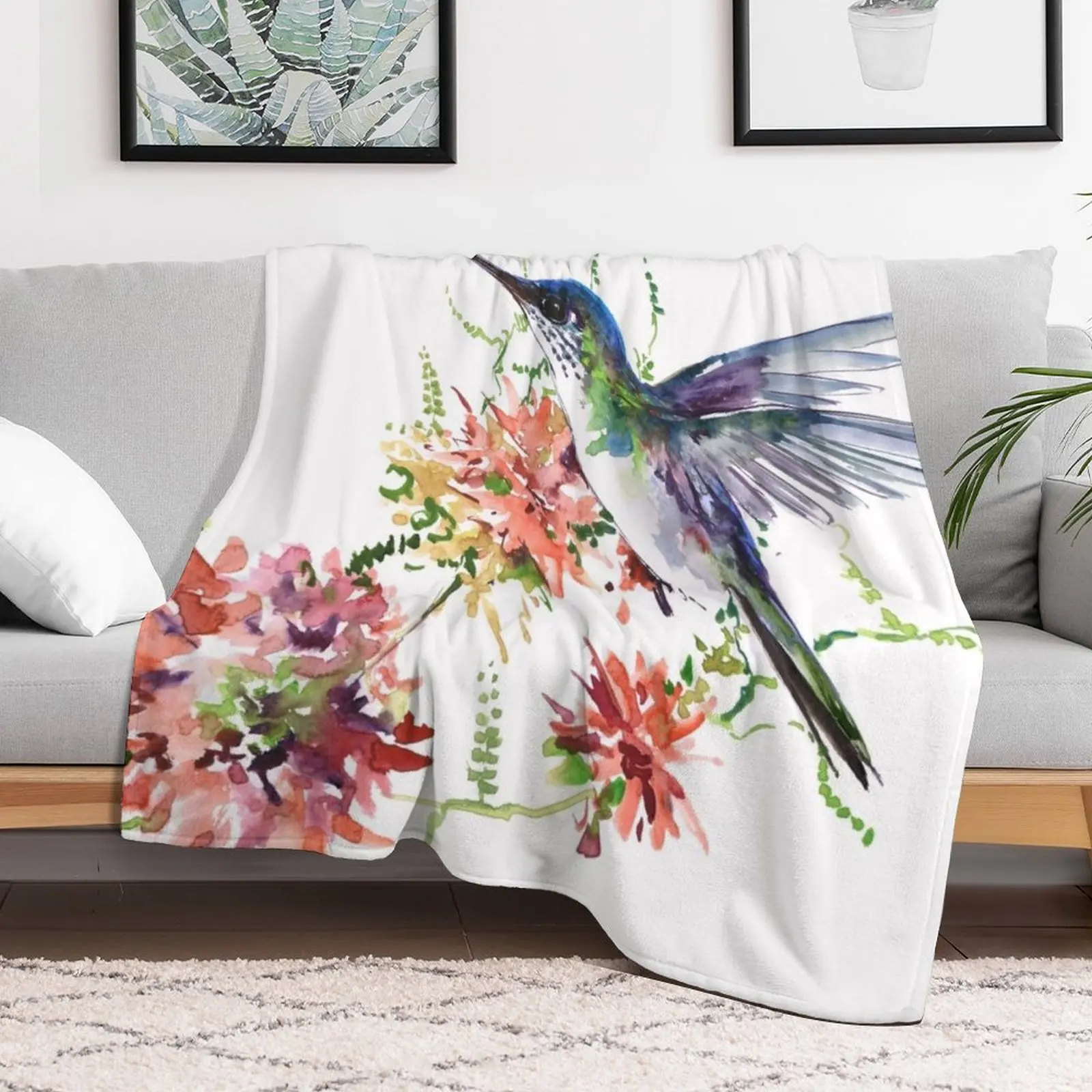 Hummingbird and Flowers Throw Blanket Thin Thermals For Travel Softest Blankets