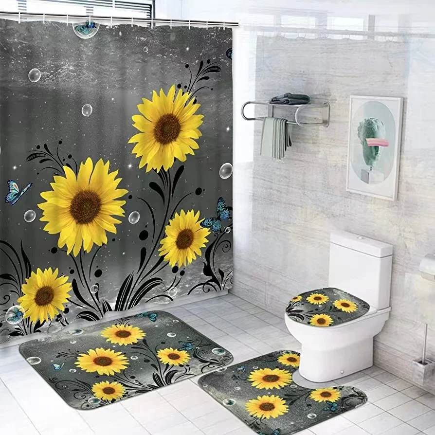 Ensemble de rideaux de douche en tournesol, avec tapis, couvercle de toilette, tapis de bain, papillon bleu, antidérapant, décor de salle de bain, 4 pièces