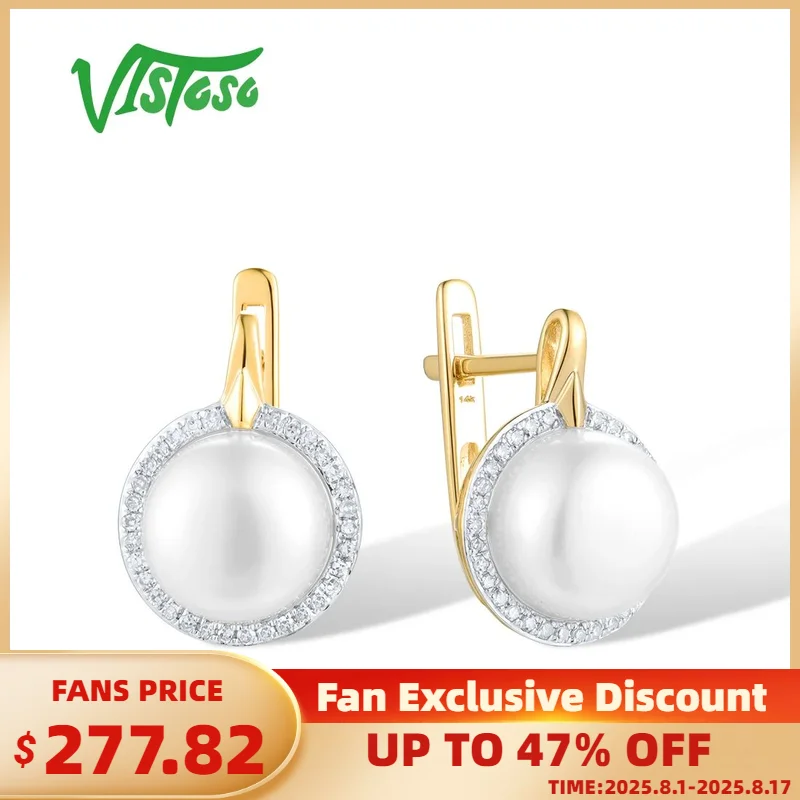 

VISTOSO Pure 14K 585 Yellow Gold Earrings For Women Sparkling Diamonds Fresh Water Pearl Geometric Trendy Wedding Fine Jewelry