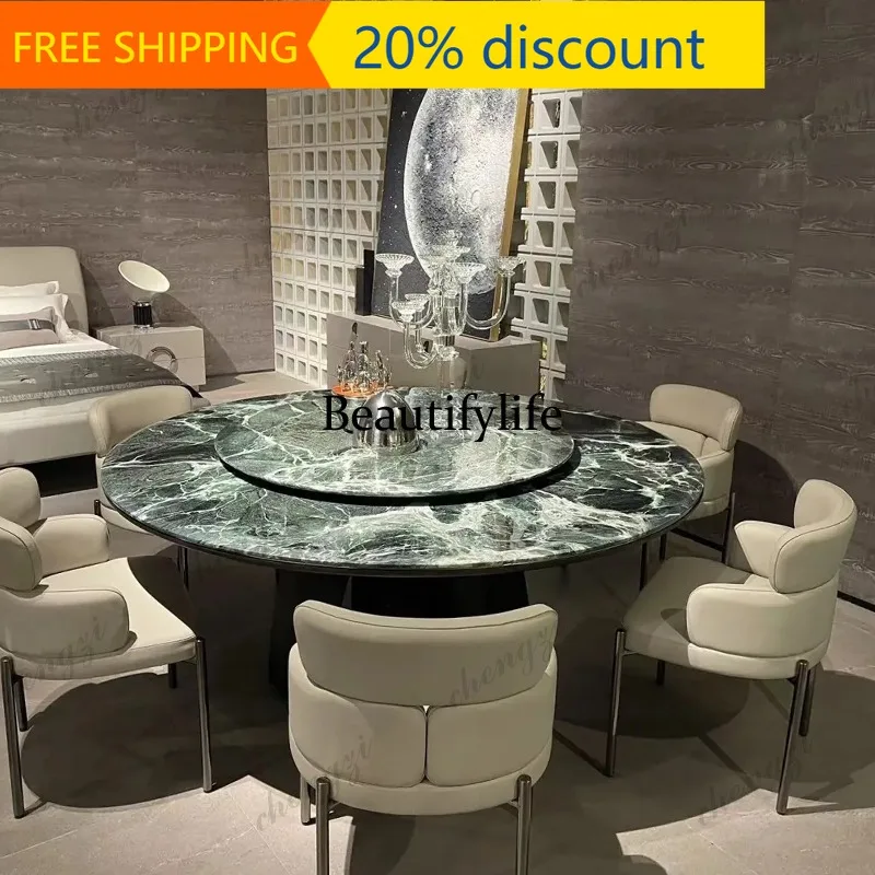 CC  Natural marble round table Italian light luxury high-end with turntable round flower green luxury stone dining table