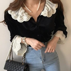 Hikigawa Autumn Chic Fashion Korean Blouse Peter Pan Collar Vintage Elegant Shirt All Match Lace Patchwork Blusas Tops Mujer