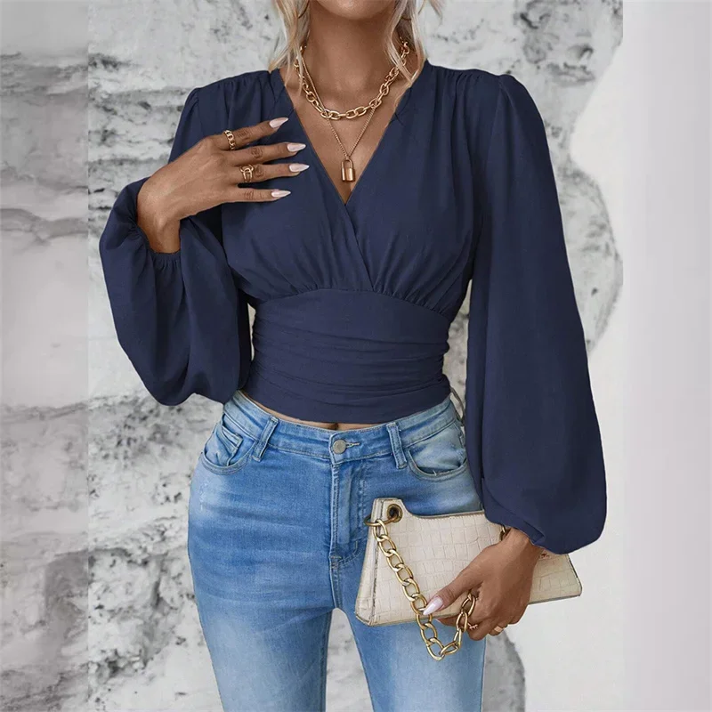 Spring Autumn Crossover Deep V Neck Pullover Shirt Women Skinny Waist Loose Long Sleeve Blouse Female Daily Commuter Casual Tops