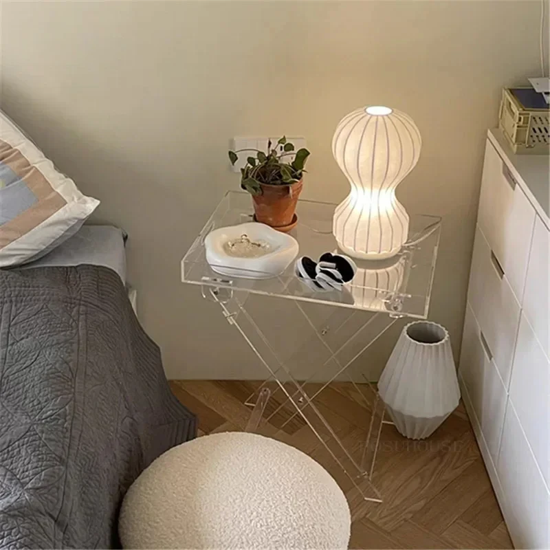 

Nordic Coffee Tables Ins Low Table Transparent Acrylic Small Art Bedside Shelf Sofa Side Rectangle Folding Table for Livingroom