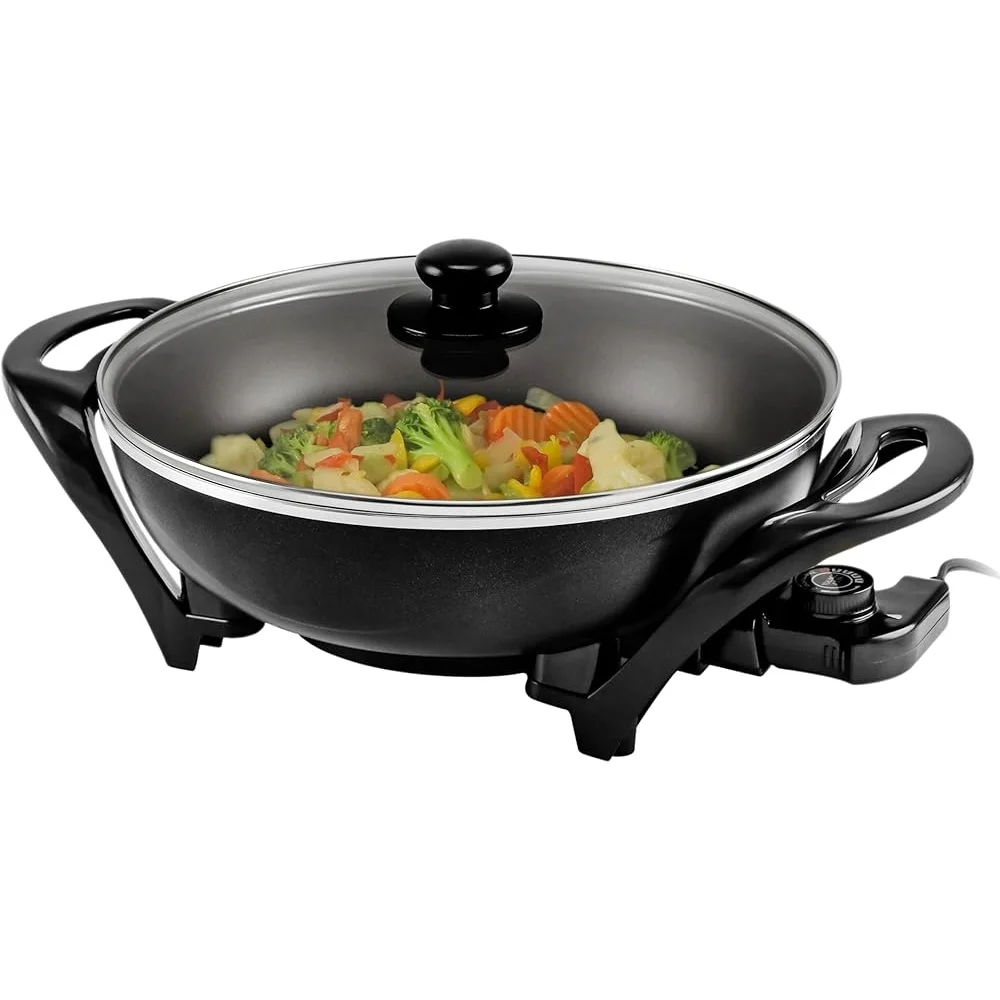 Elektrische Wok-Pfanne mit Antihaftbeschichtung, 13 Zoll, Familien-Bratpfanne, 1400 W, verstellbare Temperatur, Glasdeckel, cooler Touch-Griff, sicheres Kochen