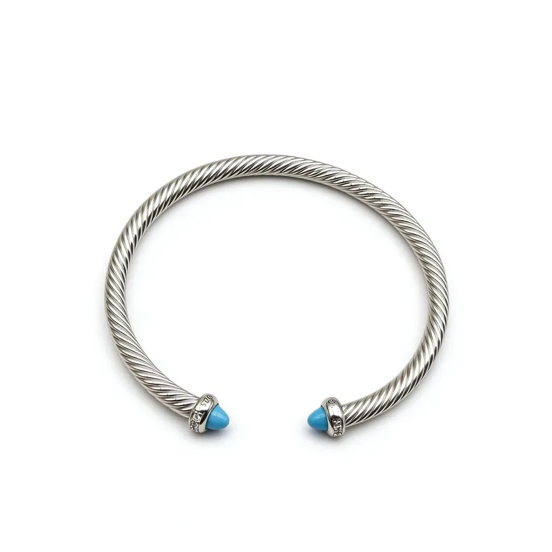 4mm Twisted Cable Cuff Bracelet for Women High Quality Polished Silver Tone Cone Shape Gemstone Ends with Pave Diamonds Open Bangle Available in Multiple Stone Colors Jewelry for Daily Wear Party Wedding and Christmas Birthday Anniversary Gift for Her