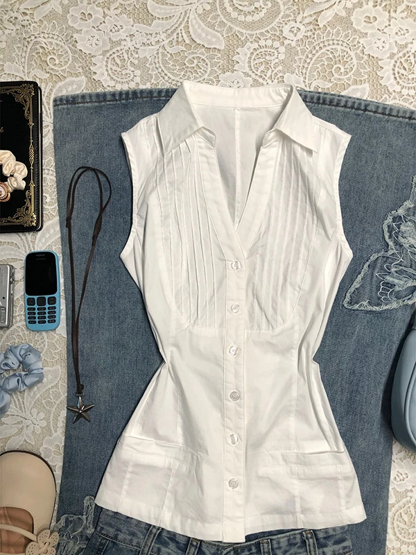 

BaoYao Girl Original White Svel V-Ne irt Women's Summer Waist-Cinching Design Sensation Top Cotton Blend Comfortable