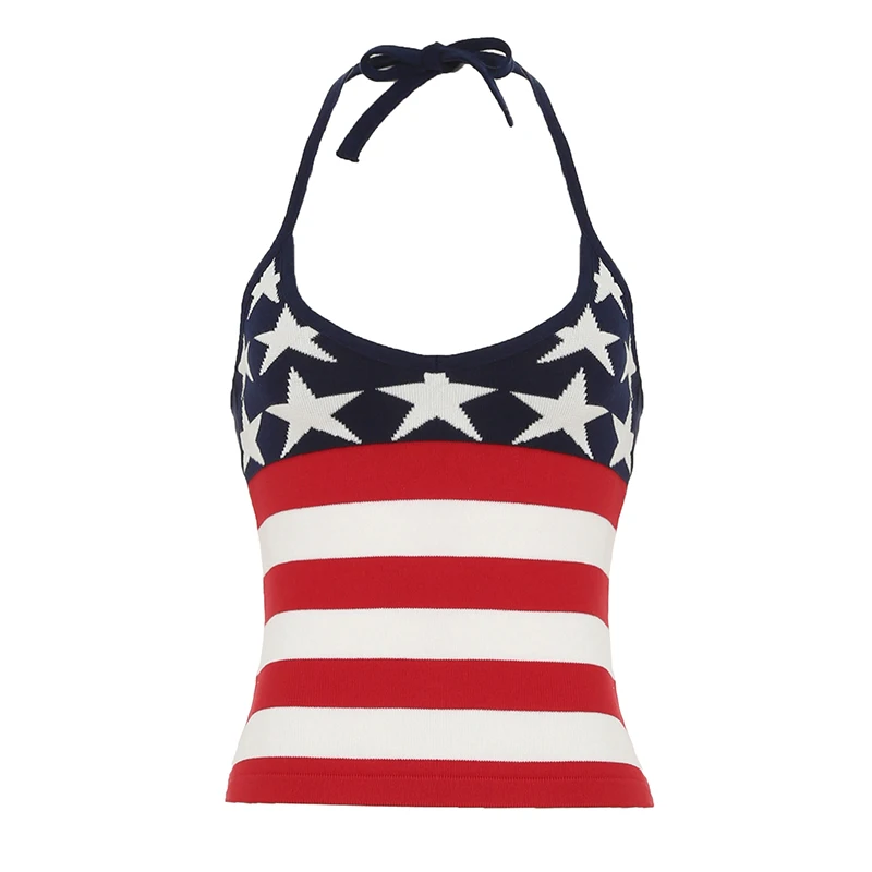 7 月 4 日ストライプスターコントラストニットキャミソール女性のスリムフィットスパゲッティストラップホルタータイアップクロップトップ Y2K コケットタンクトップ