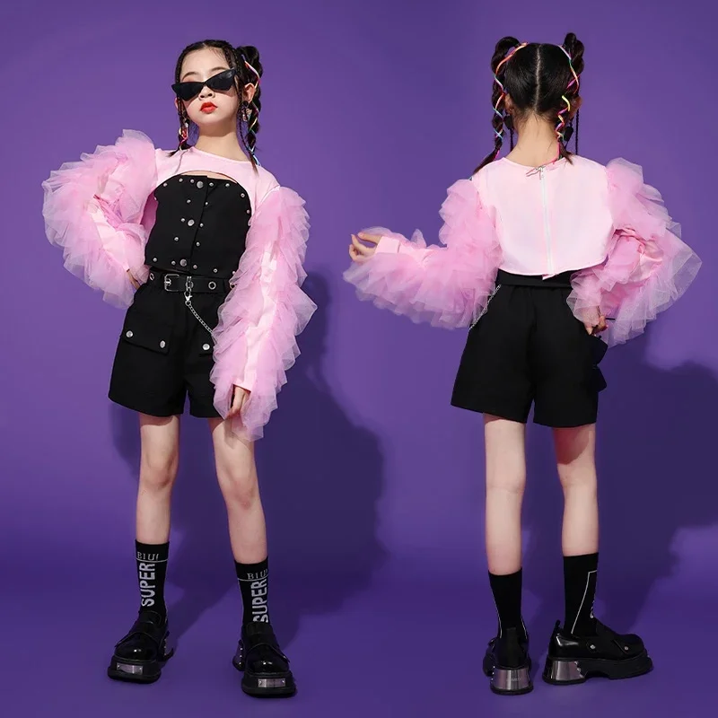 

Jazz Dance Outfit Girls Puff Sleeve Tops Black Vest Shorts Kpop Stage Clothes Kid Model Runways Clothes Children's Clothing