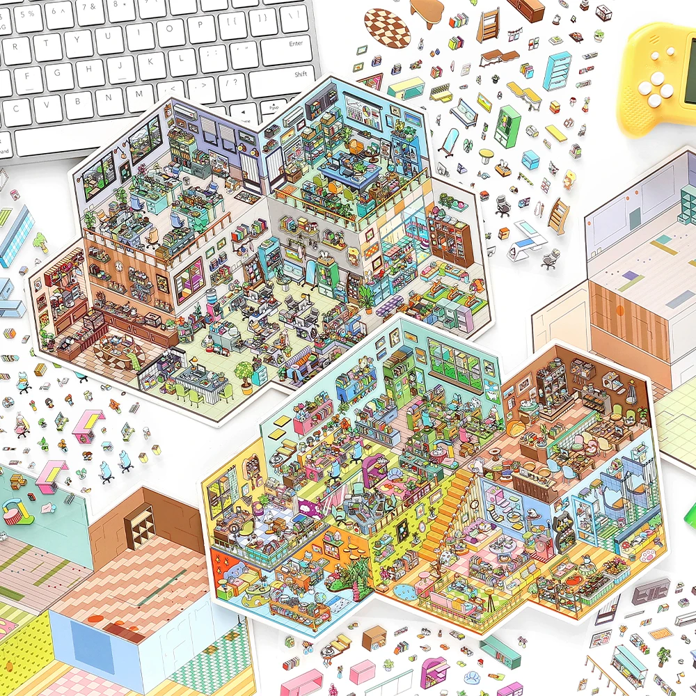 Kawaii Daily office routine 3D Cute Pet Store Landscape Sticker  DIY Pocket Cabin Scene Christmas gifts ﻿ ﻿