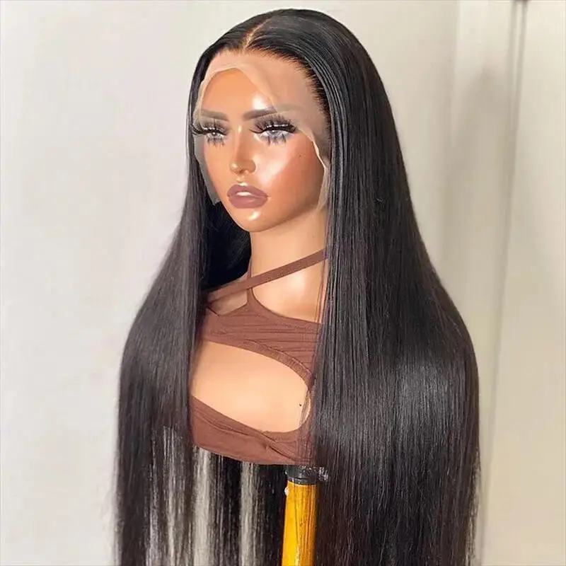 Peluca recta de encaje frontal para mujer, prearrancado pelo sintético, suave, negro Natural, sin pegamento, 26 ", 180de densidad, resistente al calor