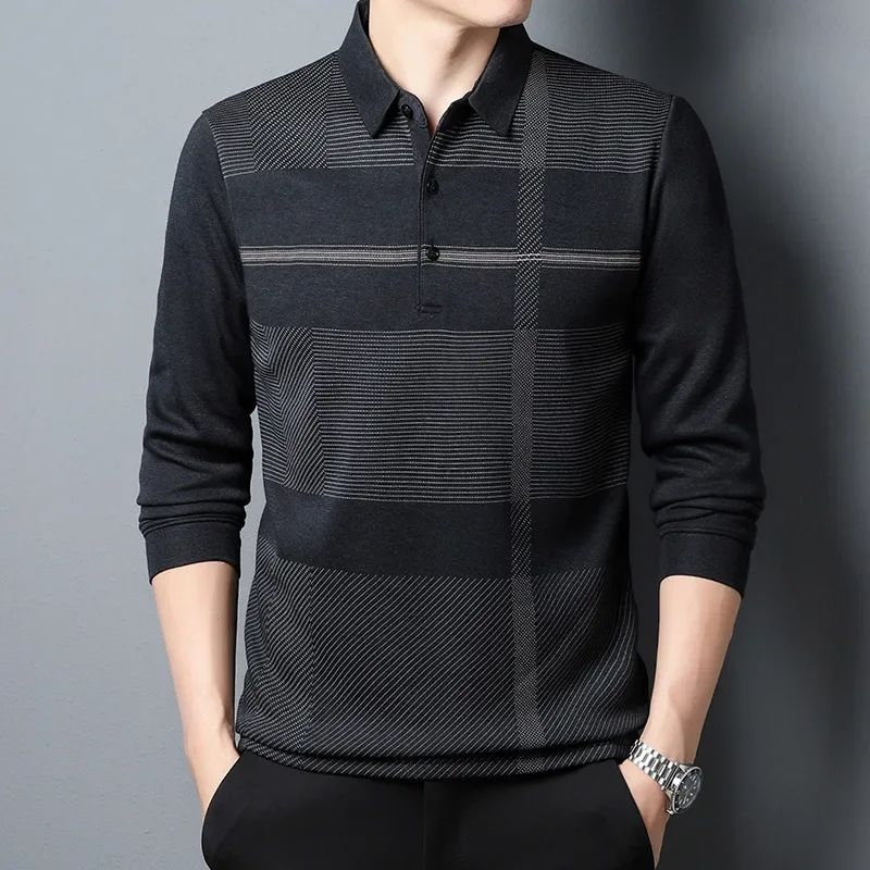 2023 Autumn New Men\'s Long-sleeved T-shirt Loose Casual Men\'s Striped Lapel Polo Shirt Bottoming Shirt Mens Shirts