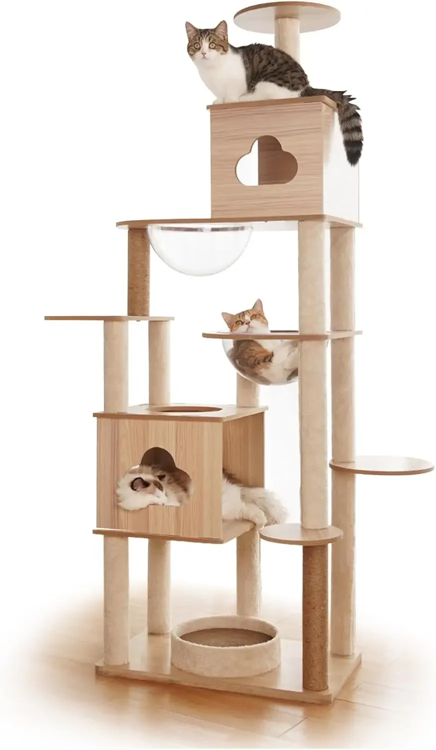 Wooden Cat Tree,70-Inch Modern Cat Tower For Indoor Cats, Wooden Cat House With 2 Caves,Toys,cat Condo,Cat Jumping Platform|