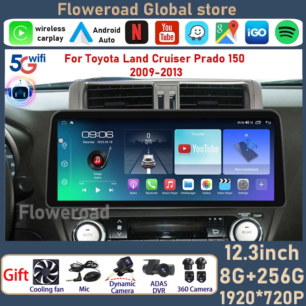 

12,3 дюймовый Android для Toyota Land Cruiser Prado 150 2009-2013, автомобильный мультимедийный плеер, автомобильное радио, GPS-навигация, Авторадио