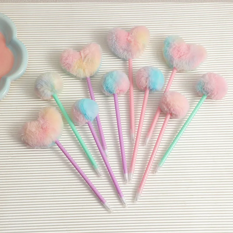 Plush Heart Ballpoint Pen Fluffy Pom Pom Writing Tool with Keychain for School Girls Journaling Cute Unicorn Novelty Stationery