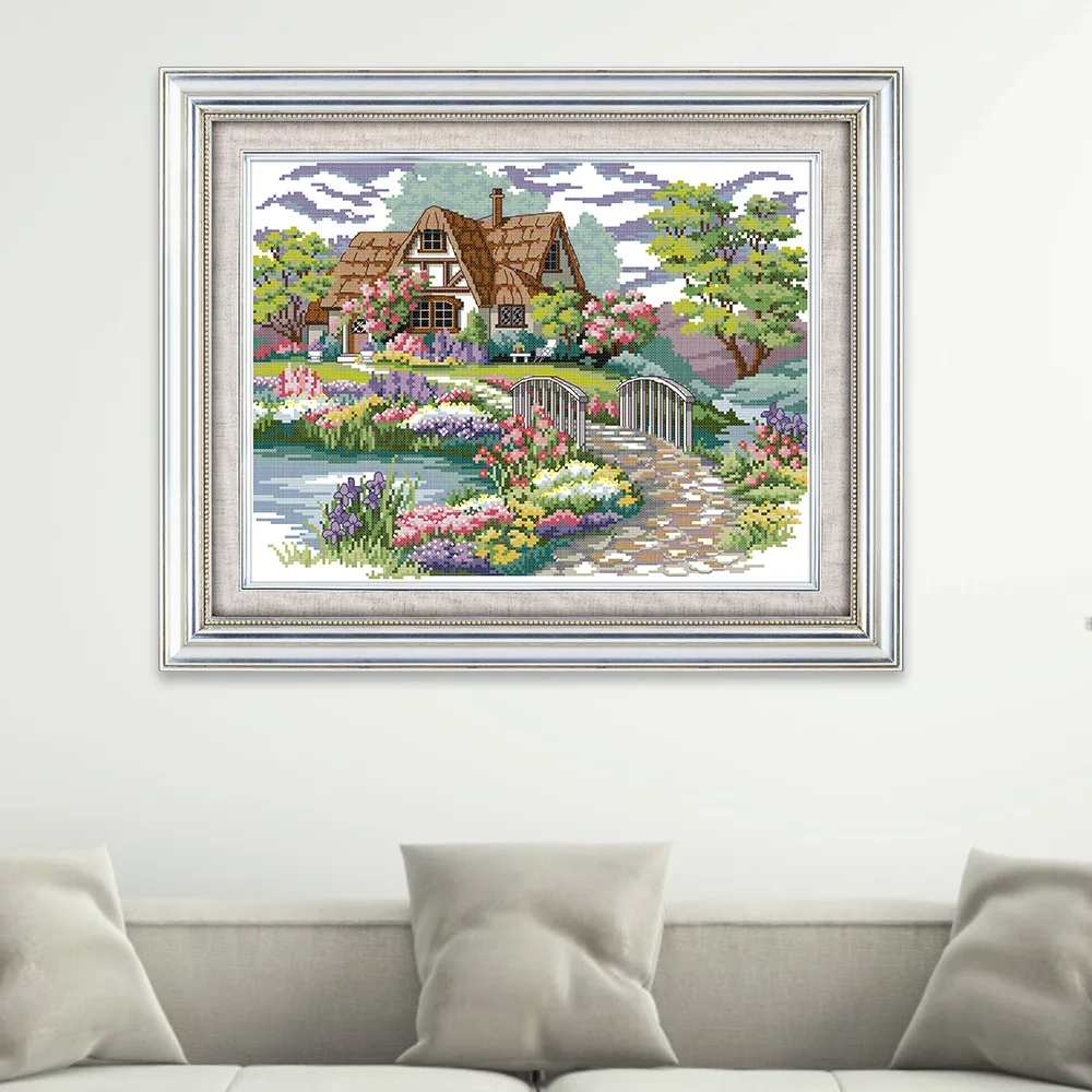 

Joy Sunday Pre-printed Cross Stitch Kit Easy Pattern Aida Stamped Fabric Embroidery Set-Dream House