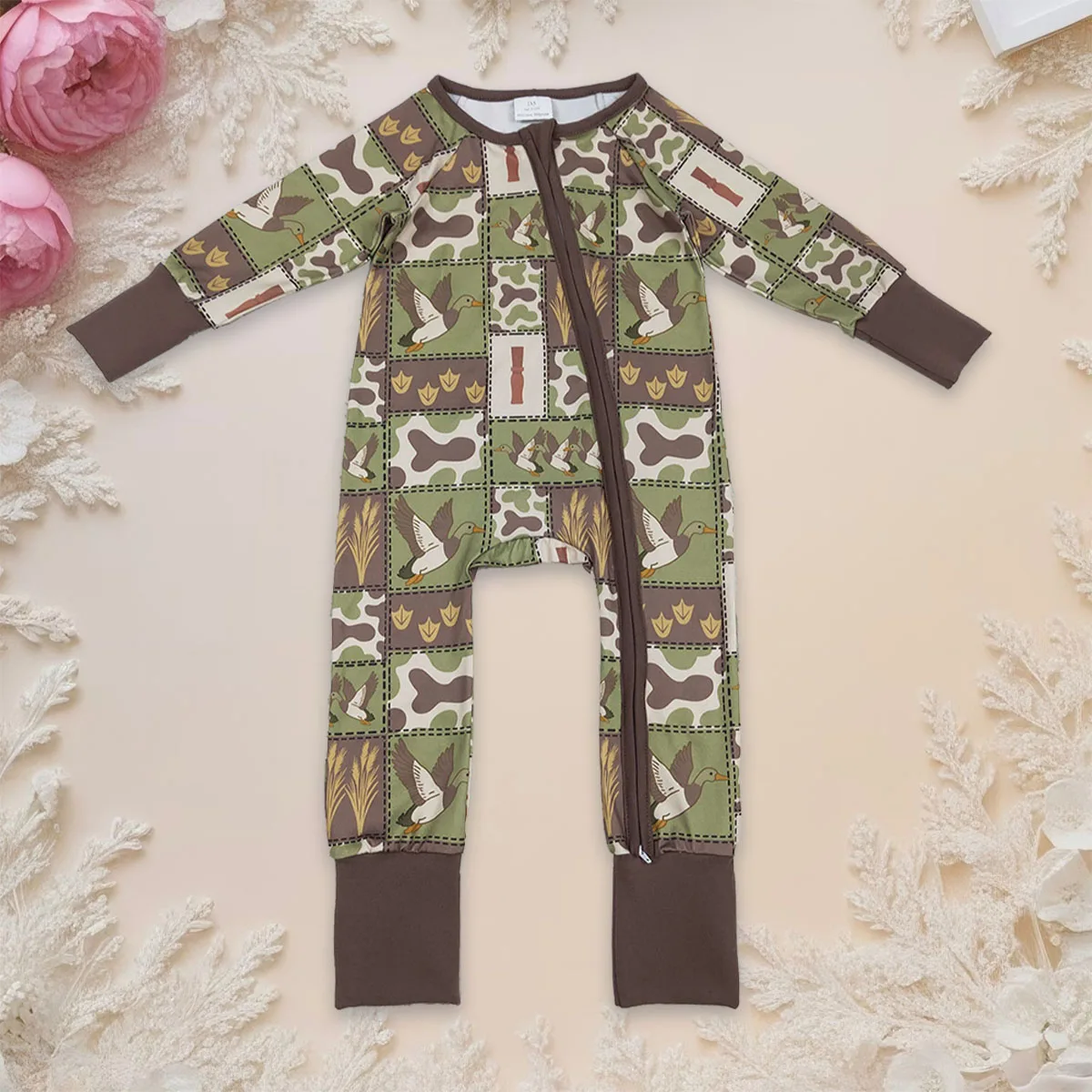 

Детский комбинезон-ромпер для новорожденных мальчиков с длинным рукавом, камуфляжным принтом, клетчатым узором и двусторонней молнией, оптом