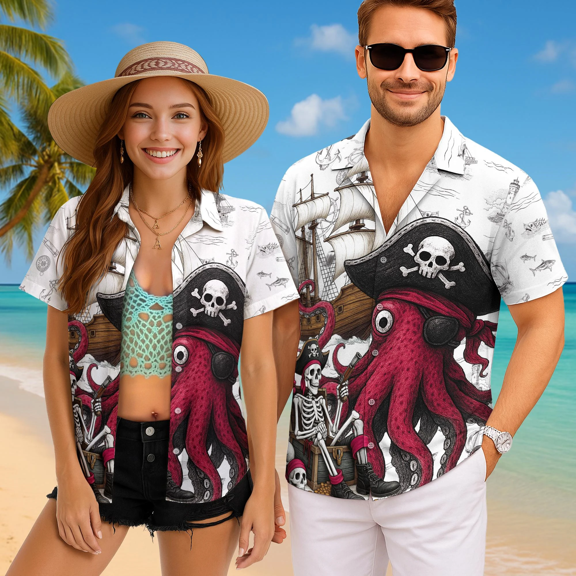 

Pirate Hawaii Shirt For Men Women Tops Gift For Pirate Lovers, Skull Pirate Mens Hawaiian Shirts, Pirate Party Outfit