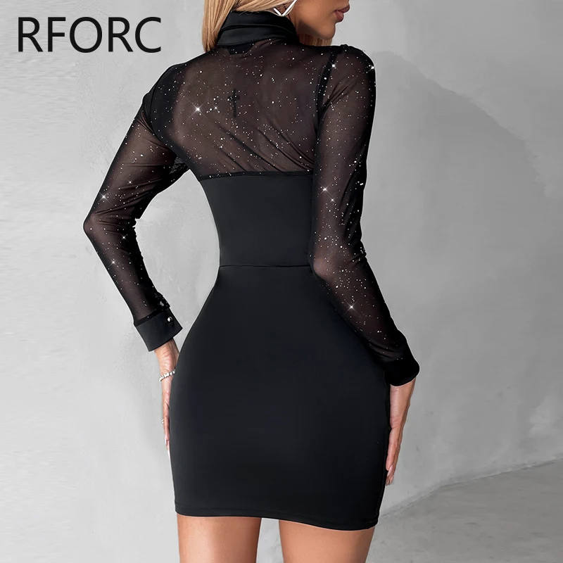 2023 Women Glitter Contrast Mesh Patch Long Sleeves Wrap Mini Black Bodycon Dresses