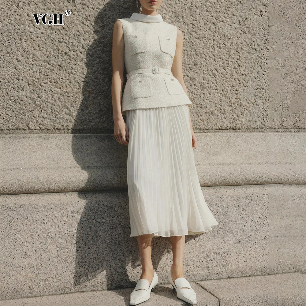 

VGH Solid Designer Slimming Dresses For Women Round Neck Sleeveless Spliced Belt High Waist Folds Temperament Dress Female New