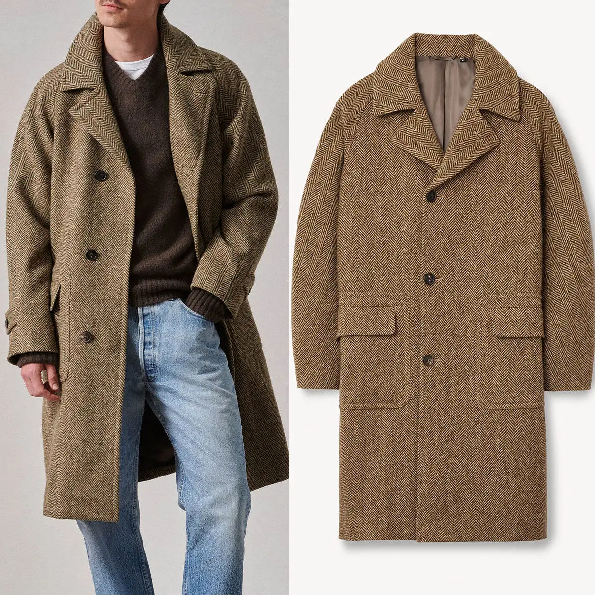 

Simple Men Long Coat Wool Blends Herringbone Notched Lapel Trench Coats Double Breasted Warm Business Blazers Customized