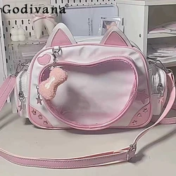 Cute Love Cat Pink Backpack Schoolbag Transparent Kawaii Itabag Commute Shoulder Women's Bag