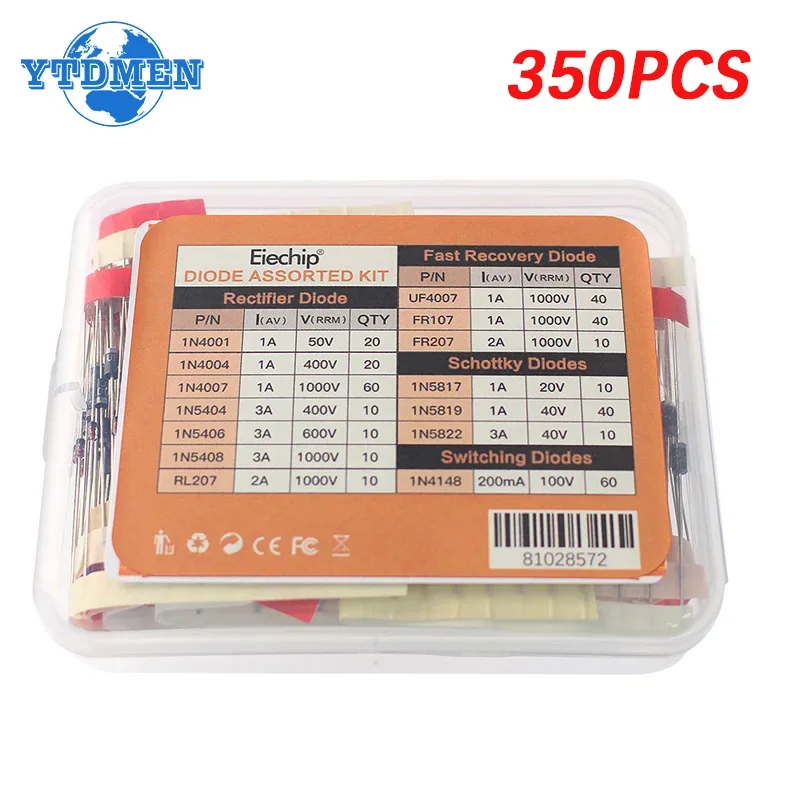 350PCS Schottky Diode Kit 14Values Rectifier Diodes 1N4148 1N4001 1N4004 1N4007 1N5404 1N5406 1N5408 RL207 UF4007 FR107 FR207