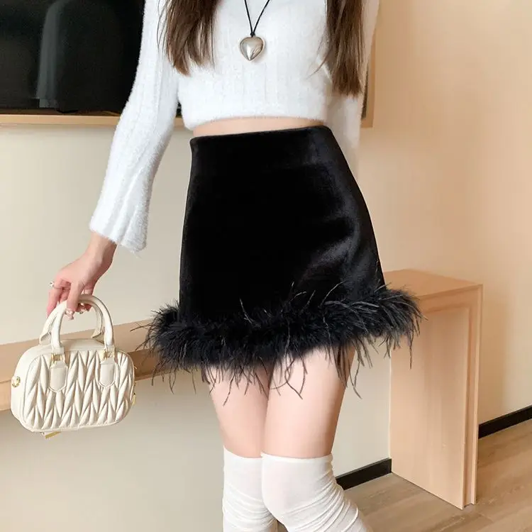 Black Skirt Stitching Wool Sexy Velvet Short Skirt High Waist Slim Fit Skinny Matte Faux Leather Skirts Female Short Skirt