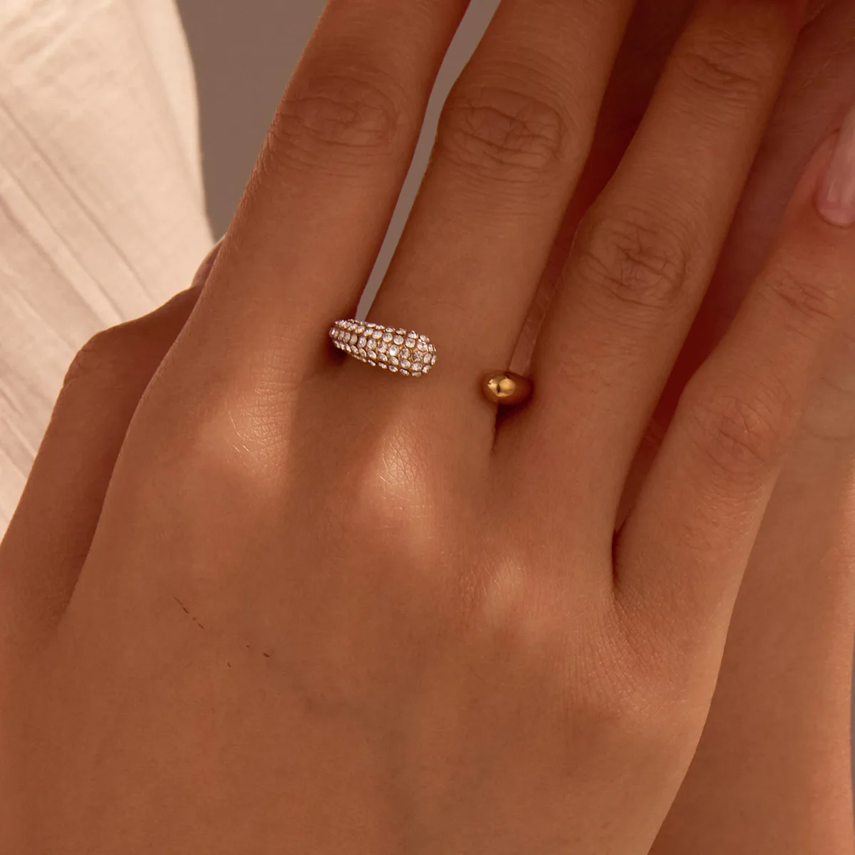 Luxury Waterproof Tarnish Free 18K Gold Plated 316L Stainless Steel Pavé Open Ring Adjustable Statement Ring for Women