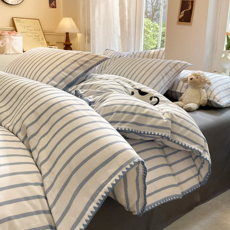 Cotton thickened and polished four-piece set, shell edge pure cotton quilt cover, mattress sheet, autumn and winter models