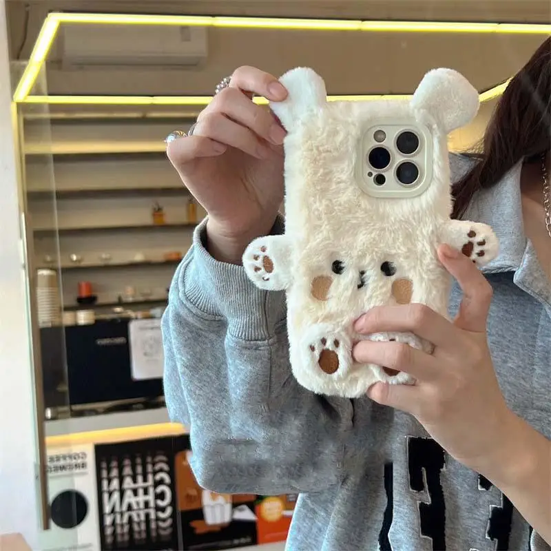 ثلاثية الأبعاد لطيف الدب شعر دمية الحالات الهاتف آيفون 17 برو ماكس حافظة 16 زائد 15 14 13 برو 12 11 الدافئة الفراء لينة غطاء سيليكون فتاة هدية